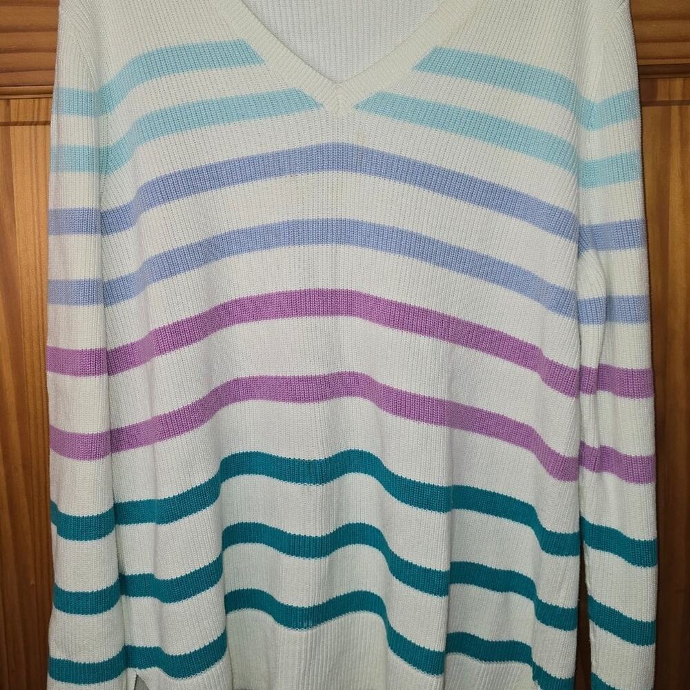 Talbots Sweater Womens 1X Striped Multicolor Knit Pull Over Chunky Crew Vneck